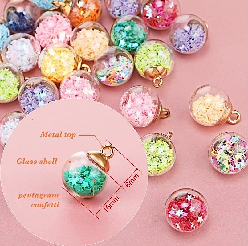 Glass Ball Charms With Confetti Stars, Charms and Pendants, Gold