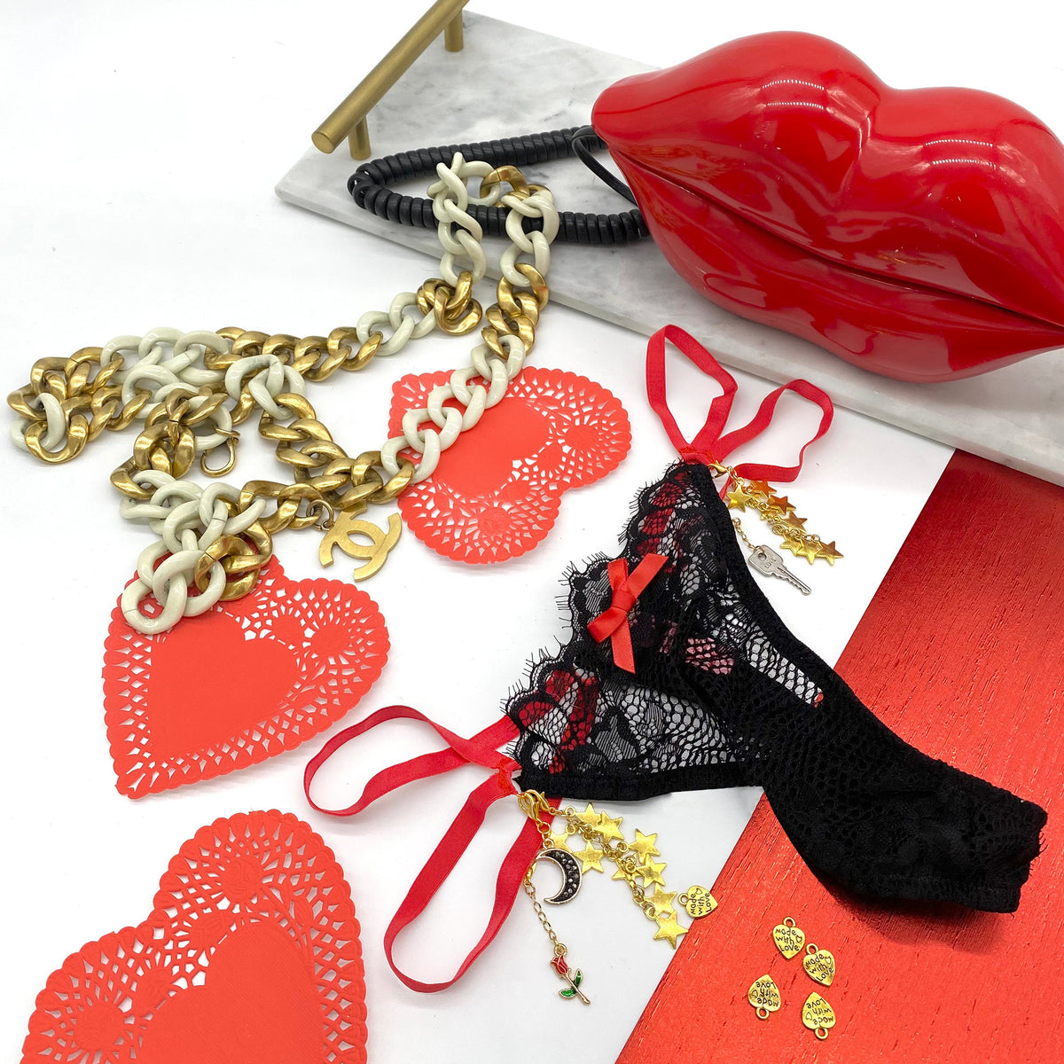 Valentines Day Lingerie Satin Bow Heartbeat Set